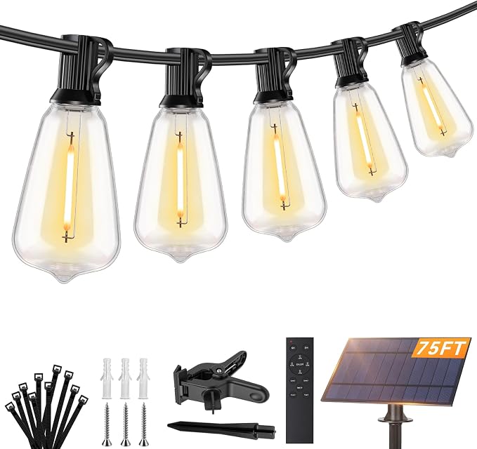 Brightever 75FT Solar String Lights Outdoor Waterproof with Remote, 34+1 Shatterproof ST38 LED Bulbs, 3 Lighting Modes & Warm White, Dimmable Outdoor Solar Lights for Backyard, Bistro, Deck
