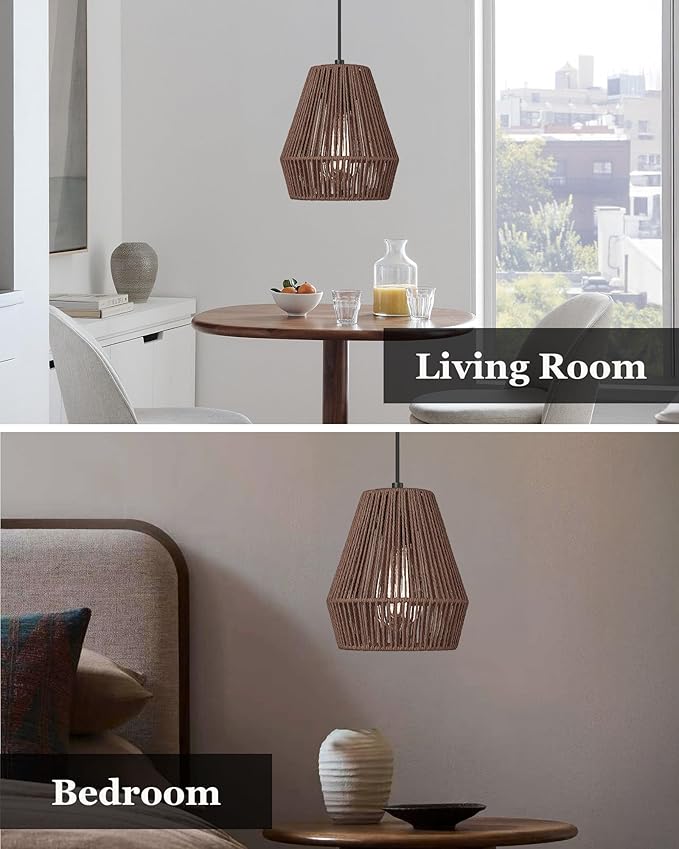 ELYONA Woven Pendant Lights 7” Rustic Rattan Hanging Lamp Adjustable Handwoven Basket Shade Boho Pendant Light Fixtures for Kitchen Island Dining Room Bedroom Farmhouse Bar Foyer Hallway Dark Brown