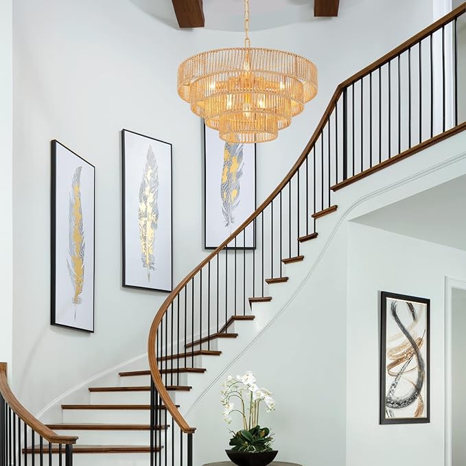 6-Lights Hand-Woven Rattan Pendant Light 4 Round Transitional Minimalist Boho Large Pendant Light for Kitchen Island Dining Room Living Room Hallway, Dia 20 Inch, UL Listed