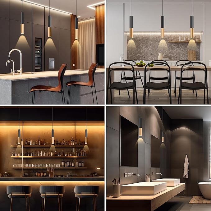 Modern Black and Gold Pendant Light Fixture for Kitchen Island, 1-Light Pendant Lighting with GU10 LED Bulb Ceiling Hanging Lights Cord Adjustable for Living Room Bedroom Dining Room