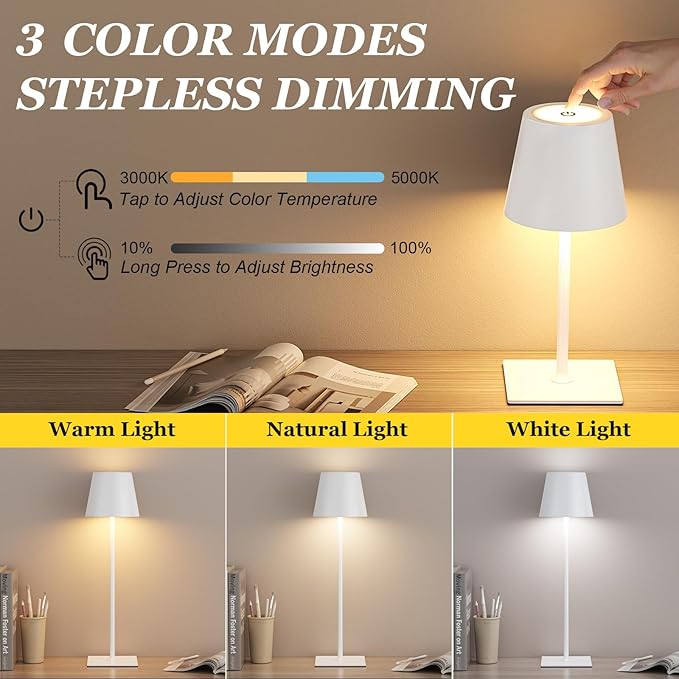 Kakanuo White Gold Cordless Rechargeable Table Lamp 5000mAh Battery Operated Lamps, 3 Colors Stepless Dimming Touch Lamp for Living Room, Kitchen Counter, Dining, Outdoor Patio, 2 Pack