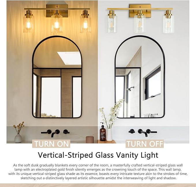 Jonsi 3 Light Brushed Gold Bathroom Vanity Lights with Fluted Glass Shade, Modern Gold Bathroom Lights Over Mirror