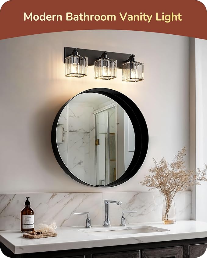EDISHINE Bathroom Vanity Light Fixtures, 3-Light 20.47'' Crystal Bathroom Lighting Fixtures Over Mirror, Modern Wall Sconce for Powder Room, Bedroom, E26 Base, Black
