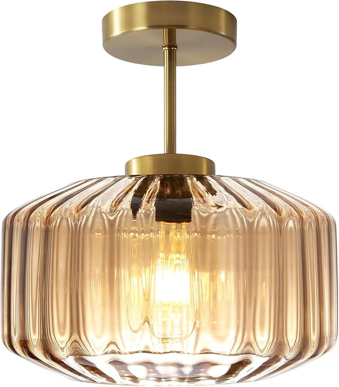 Amber Glass Flush Mount Ceiling Light Fixture, 11.02 Inch Modern Dome Light with Warm Gold Finish for Bedroom, Kitchen, Textured Glass Shade, Easy to Install, 1-Light E26 Socket