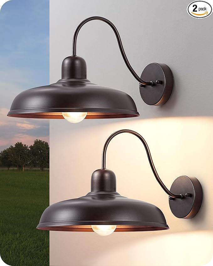 EDISHINE 12IN Farmhouse Outdoor Barn Light, 2 Pack Outdoor Wall Light Fixture, Gooseneck Outside Wall Sconce, Brown Wall Mount Lantern for Porch, Entryway, Garage