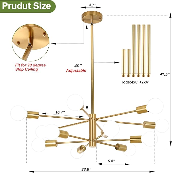 12-Light Modern Sputnik Chandelier, Mid Century Gold Ceiling Chandeliers, E26 Base, Branch Height Adjustable Pendant Lighting Fixture for Kitchen Island Dining Room Living Room Bedroom