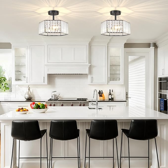 TOULMJ Modern Black Semi Flush Mount Ceiling Light, 3-Light Crystal Entryway Light Fixture Close to Ceiling Kitchen Lighting, Hallway Light Fixtures Flush Mount Chandelier for Bathroom Bedroom Foyer