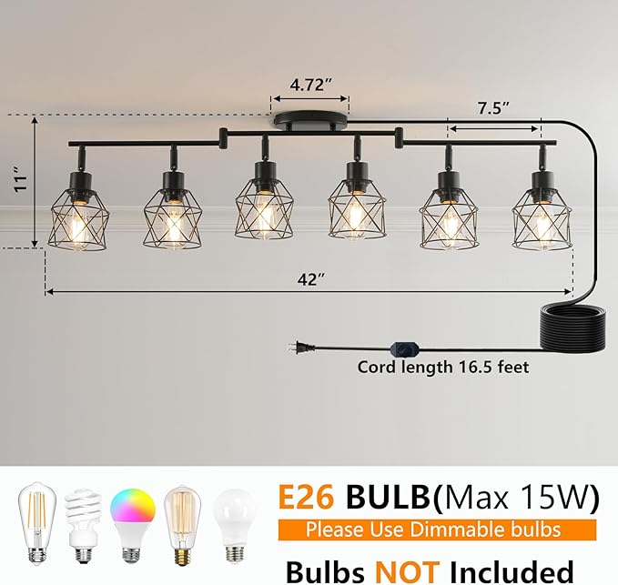 Dimmable 6 Light Plug in Ceiling Light,Black Plug in Track Lighting Kit with 16.5' Cord,Flexibly Rotatable Light Head,Modern Industrial Farmhouse Style(Bulbs Not Included)