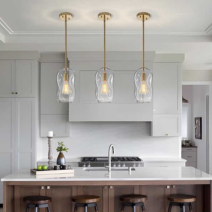 GoYeel Pendant Light Fixture - 1 Pack Blown Glass Pendant Hanging Lights, 11.4in Height Gold Finish Organic from Glass Pendant Lighting for Kitchen Island Hallway