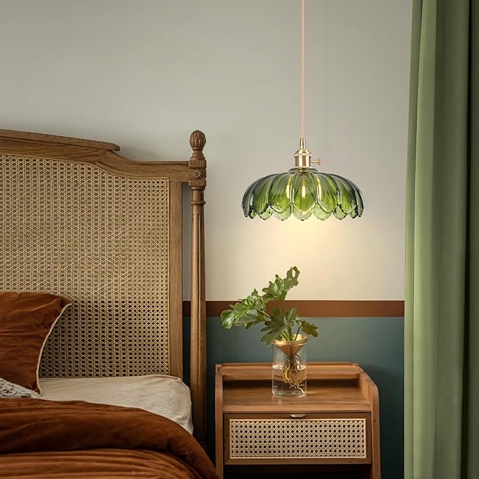 Pendant Lights Kitchen Island,Green Glass Vintage Light Fixtures,9.8inch E26 Adjustable Hanging Light Flower Finish Ceiling Hanging Lamp for Bedroom Living Room Hallway 1 Light