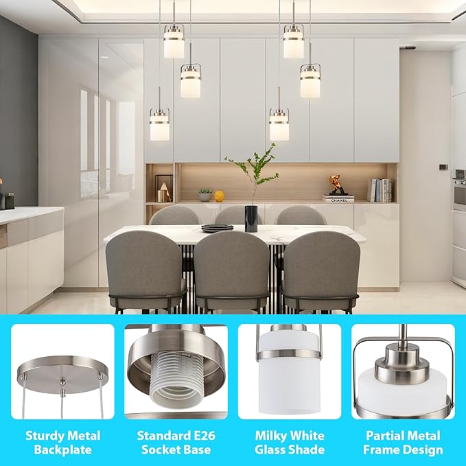 Nickel 3-Light Pendant Lighting, Adjustable Cluster Hanging Light Fixture with Milk Glass Shade, Modern Pendant Light for Kitchen Island Dining Room Bar