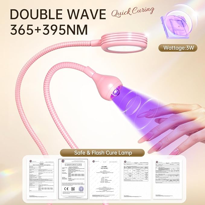 AORAEM LED Nail Lamp Double-Headed UV LED Light Quicky-Dry Duck Neck UV Lamp Dryer Curing Light with Portable Gooseneck and Clamp Flash Cure U V Light for Gel Nails Professional Home DIY Salon Pink