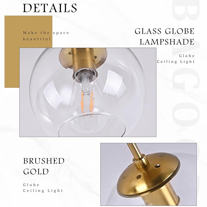 Gold Semi Flush Mount Ceiling Light Fixture with Clear Glass Light Fixture Mid Century Light Fixtures Gold Semi Flush Ceiling Light Fixtures for Dining Room Kitchen Island (Bulb Incl)