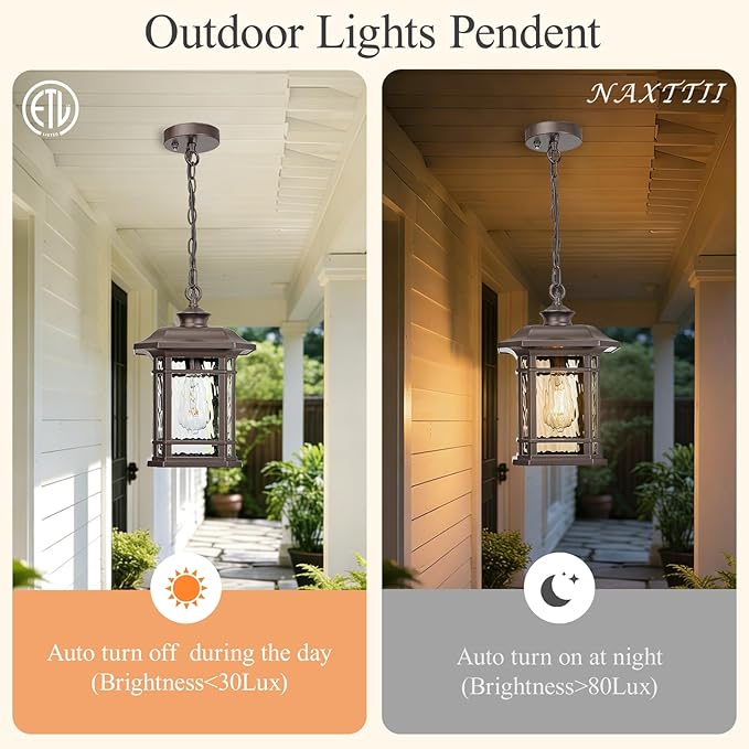 Waterproof Outdoor Hanging Lantern Light 13.8 Inch Large Outdoor Pendant Light with Adjustable Chain Dusk to Dawn Aluminum Hanging Porch Light with Water Ripple Glass E26 Socket