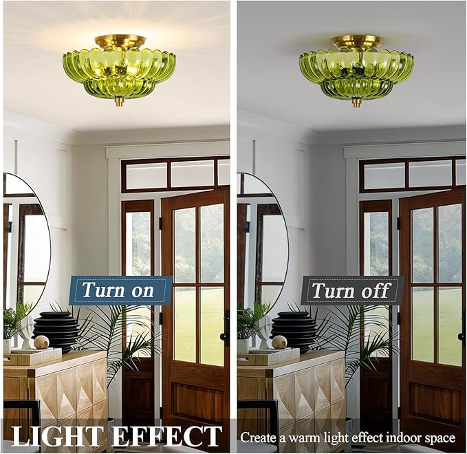 Semi Flush Mount Ceiling Light, Modern Gold Ceiling Light with Green Glass,3 Lights Close to Ceiling Light Fixtures for Bedroom, Dining Room, Kitchen, Living Room, Entryway, Hallway