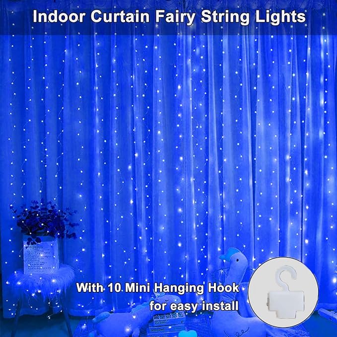 300 LED Fairy Lights, Twinkle Lights with 8 Light Modes, 9.8x9.8Ft Curtain String Lights Remote Control for Christmas, Bedroom, Indoor, Outdoor, Weddings, Party, Birthday Decor (Blue)