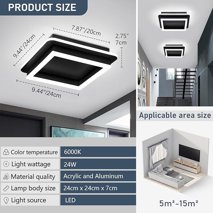 CANEOE 3 Packs Square Flush Mount Ceiling Light, 6000K Black Modern LED Ceiling Light Fixture, Minimalist Hallway Lighting Fixture Ceiling Lamp for Hallway Entryway Bedroom Balcony (All Black)