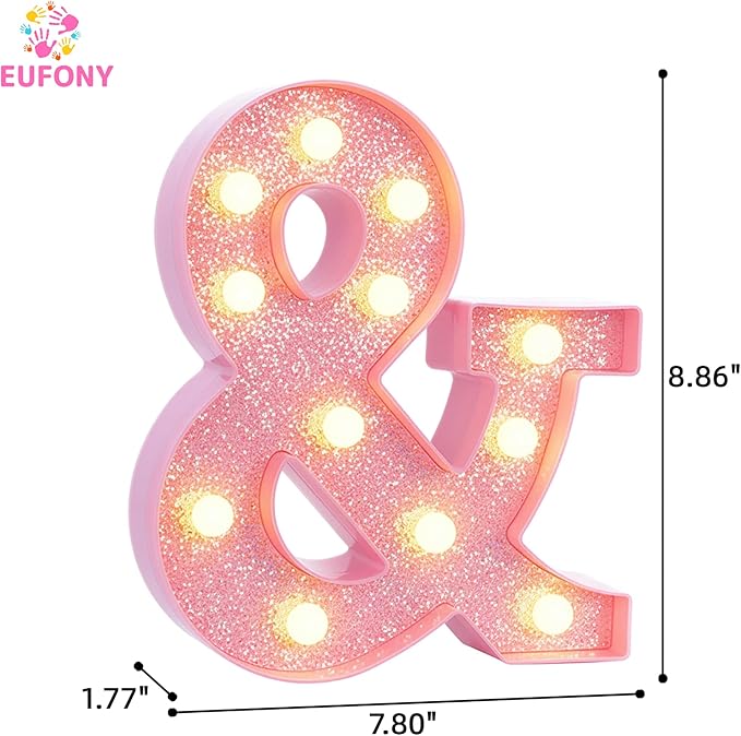 Pink Marquee Light Up Letters, Glitter Alphabet LED Letter Lights for Pink Birthday Party Decorations, Battery Operated Letter Sign for Girls Room Vanity Table Decor, Warm White Lights Symbol &