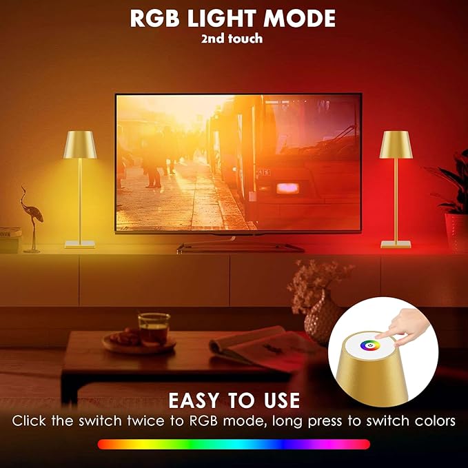 2-Pack LED Cordless Table Lamp with RGB & Stepless Dimming, 3W 5000mAh Rechargeable Desk Lamps Battery Operated Table Light Stepless Dimmable Portable Table Lamp for Table/Bedroom/Outdoor (Gold)