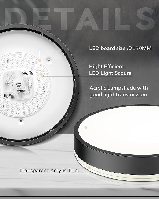 Ken & Ricky Flush Mount Ceiling Light, Dimmable Led Close to Ceiling Light Fixtures for Kitchen Bathroom Bedroom Hallway 5cct (Black, 12 Inch)