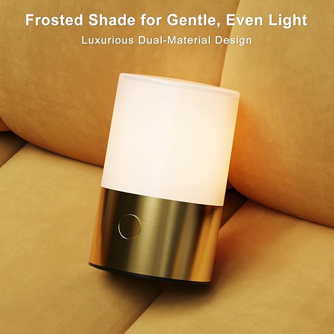 Small Table Lamp - Rechargeable, Portable, 10 Brightness Levels, Auto-Off Timer, Waterproof, Up to 20-Hours,Warm Light for Bedside, Reading, Dining,Travel, Camping & Décor-Brass