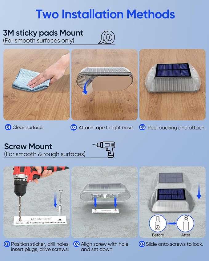 DetarZinLED Solar Deck Lights Outdoor, 8 Pack Warm Driveway Lights Solar Powered, IP68 Waterproof Stick on & Screw Dock Light for Pathway, Walkway, Sidewalk, Patio, Pool Deck, Garden, Step