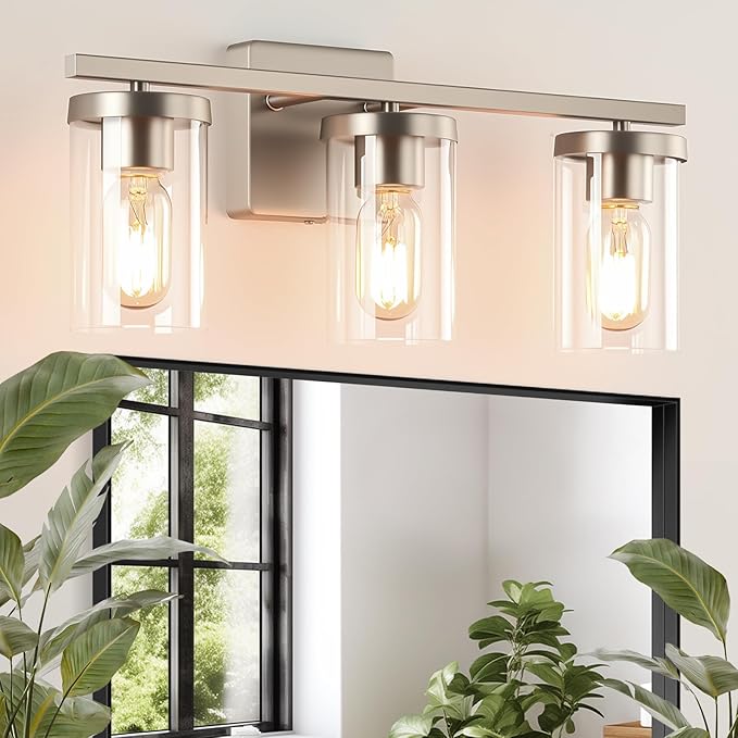 20in Bathroom Light Fixture Over Mirror, 3-Light Nickel Vanity Lights with Clear Glass Shades, Modern Wall Sconces for Living Room, Bedroom, Hallway, E26 Base