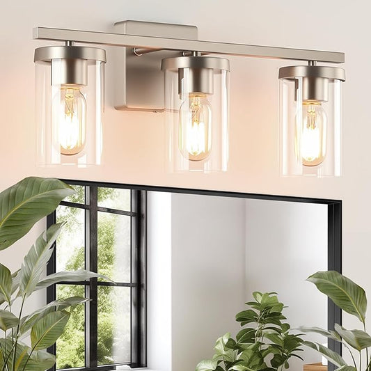 20in Bathroom Light Fixture Over Mirror, 3-Light Nickel Vanity Lights with Clear Glass Shades, Modern Wall Sconces for Living Room, Bedroom, Hallway, E26 Base
