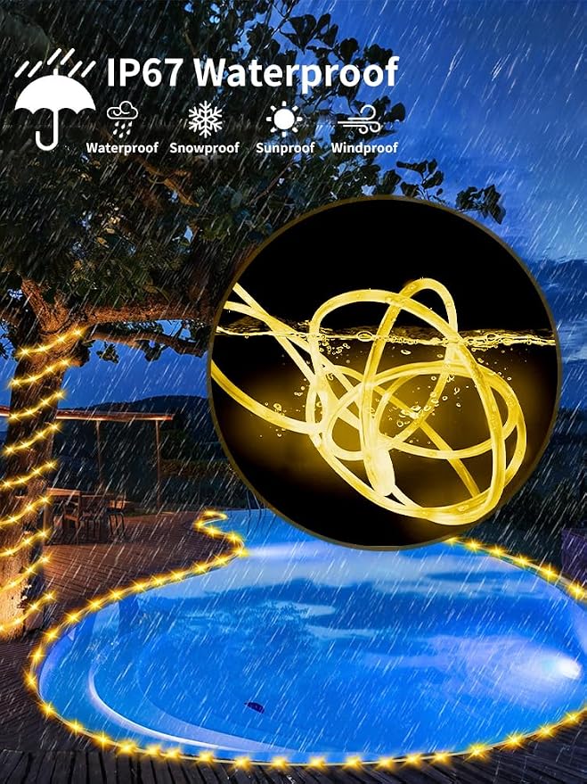 Thicker Tube Solar Rope Lights with Remote for Garden Decoration ,39FT 200LEDs Outdoor Solar Strip Lights for Palm Tree,IP67 Waterproof,USB Charging & 8 Modes Fairy Light for Christmas(Warm White)