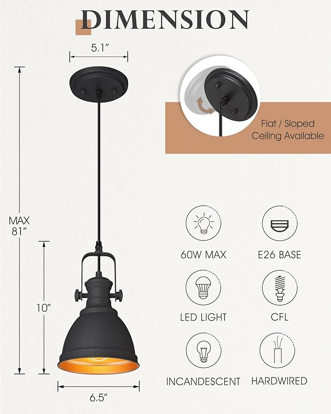 Modern Pendant Light, Set of 2 Hanging Light Fixtures, Black Pendant Lighting for Kitchen Island, AD-2151-1P2