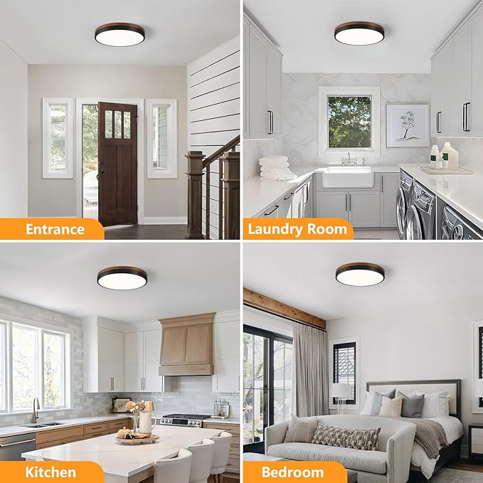Modern Walnut Wood Black Flush Mount Ceiling Light, 11.81" Round LED Low Profile Close to Ceiling Fixture for Kitchen Bedroom Bathroom Laundry Hallway Entryway Closet Living Room