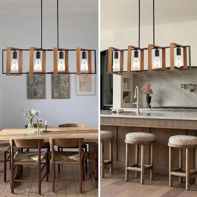 35.4" Kitchen Island Lighting,4 - Light Dining Room Farmhouse Chandelier,Black Modern Pendant Lighting,Pool Table Lights,Wood and Matte Black Metal Finish