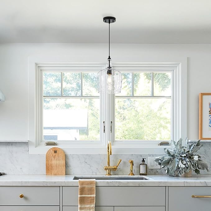 10” Large Stone-Hammered Glass Pendant Light Modern Matte Black 1 Light Single Dome Pendant Lighting Fixtures for Kitchen Island Dining Room Hallway, UL Listed