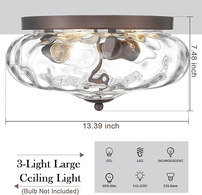 Darkaway Large Ceiling Light Fixtures, 3-Light Flush Mount Ceiling Light with Water Ripple Glass Shade for Indoor Outdoor Hallway Kitchen Bedroom Porch Living Room Oil-Rubbed Bronze Finish