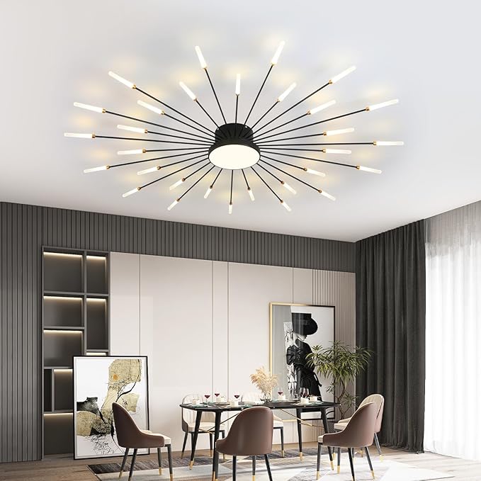 ziidoo Modern Ceiling Light,30+1 Lights Metal Firework Designed Chic Led Lighting Fixture for Farmhouse Kitchen Dining Room Bedroom Hallway Living Room (Black)