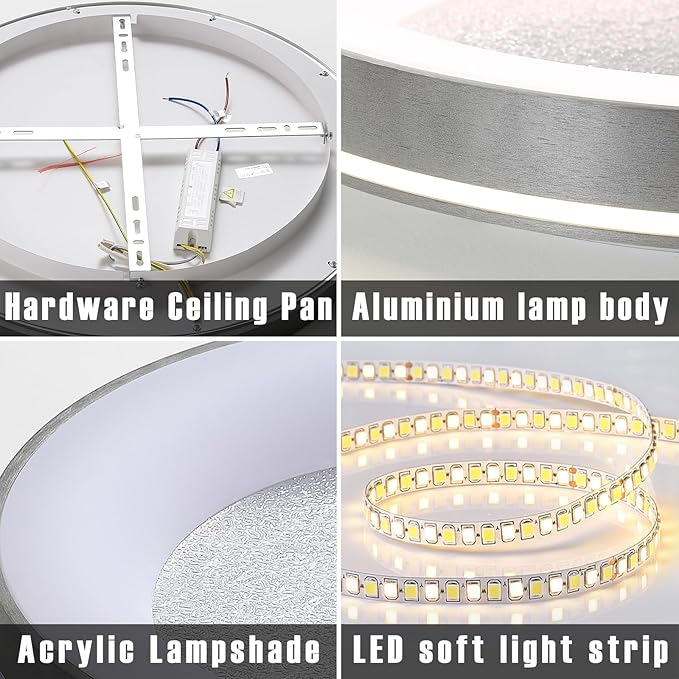 LED Flush Ceiling Light, 19in Grey Round Ceiling Light Dimmable 3000K/4500K/6500K Color Recessed Lamp for Living Room, Bedroom, Office,Hallway