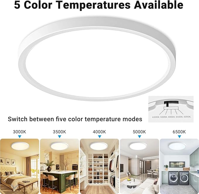 6 Pack LED Flush Mount Ceiling Light,12Inch 24W,3000K/3500K/4000K/5000K/6500K 5 Color Temperatures Ceiling Light Fixture for Kitchen Porch Hallway Bedroom Bathroom,White