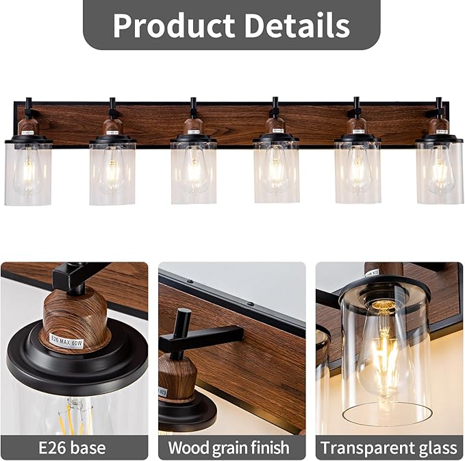 Lanhall 6-Light Farmhouse Bathroom Light Fixtures Vintage Bathroom Vanity Lights Over Mirror Black and Wood Painted Metal Vanity Light for Bathroom with Glass Shades E26 Socket