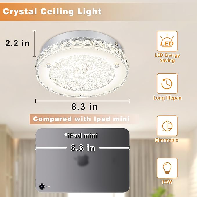 Modern Crystal Flush Mount Ceiling Light 4000K LED Flush Mount Crystal Ceiling Light Dimmable Small Chandelier for Closet Bathroom Staircase Dining Room Laundry Kitchen Foyer Hallway 8.3"