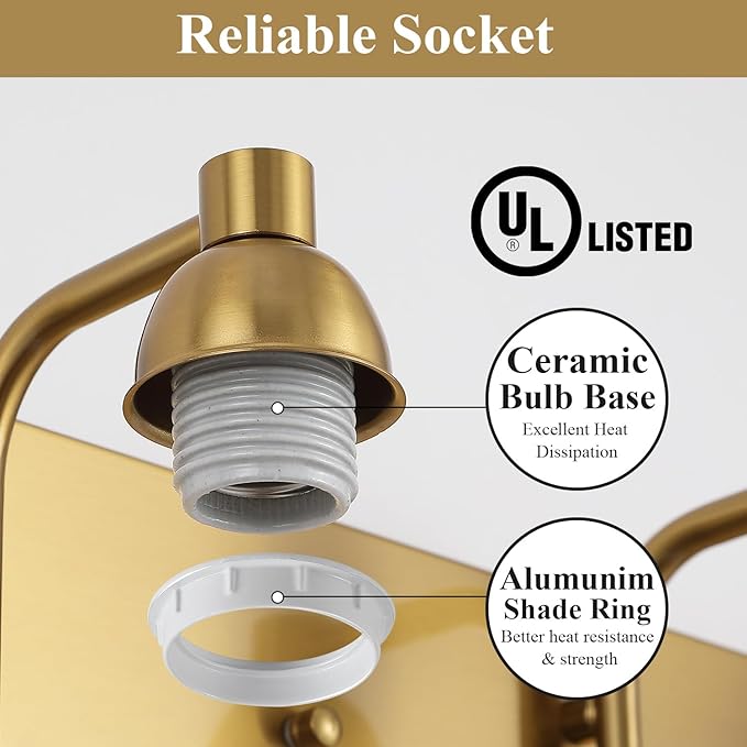 Mecgirn Stainless Steel Milk Glass Vanity Lights for Bathroom, 3 Light Gold Bathroom Light Fixtures Over Mirror, Ceramic E26 Sockets Wall Mounted
