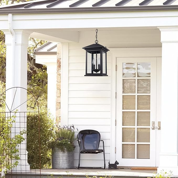 Treekee Large Outdoor Pendant Light, Modern Adjustable Hanging Lantern, Black Outside Porch Chandelier Light with Seeded Glass, Exterior Pendant Lighting for Patio, Porch, Yard