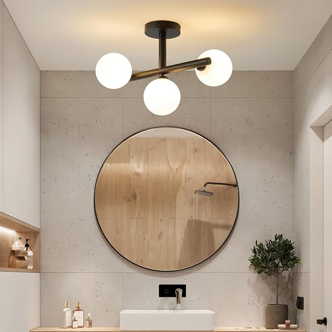 Globe Milk Glass Ceiling Light: Black 3 Lights Sputnik Chandelier - Linear Mid Century Modern Semi Flush Mount Ceiling Light - 13 Inch Brass Lighting Fixture with Sphere Shade for Bedroom Living Room
