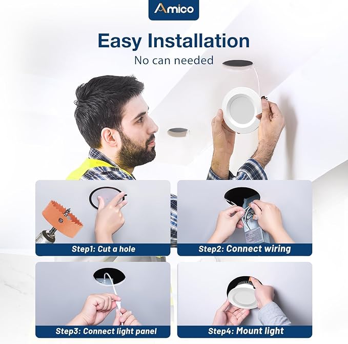 Amico 6 Pack 2 Inch 5CCT Ultra-Thin LED Canless Recessed Ceiling Light with Junction Box, 2700K/3000K/3500K/4000K/5000K Selectable, CRI90+, 6W=40W, 350LM, Dimmable Canless Wafer Downlight-ETL&FCC