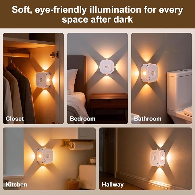 Motion Sensor LED Night Lights 4 Pack, Indoor Rechargeable Stair Lights, Magnetic Installation, 3 Color Temp Dimmable, Wireless Wall Sconce for Hallway Closet Bathroom Cabinet