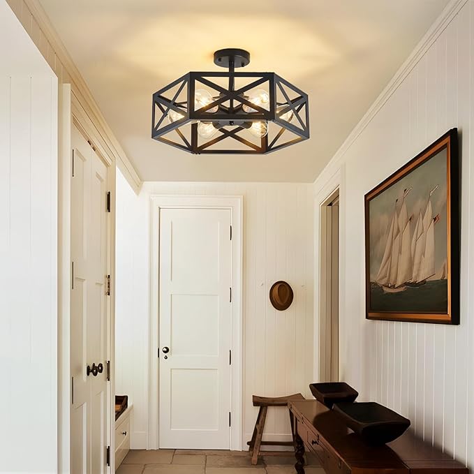 Modern Semi Flush Mount Ceiling Light,19.7" 6-Light Hexagon Flush Mount Ceiling Lights for Dining Room Light Fixture,Farmhouse Black Metal Kitchen Island Lighting Fixtures for Hallway,Bathroom