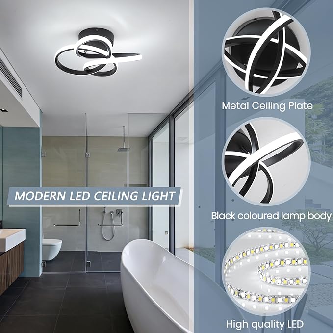 EIDISUNY Modern Led Ceiling Light, Black Hallway Ceiling Light, Flush Ceiling Lighting Fixture for Kithcen, Bedroom, Living Room, Entryway, Balcony, Stair - 26W Cold White Light 6000K
