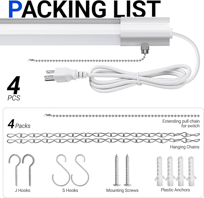 Barrina BS84 LED Shop Lights for Workshop 4FT, 84W, 10000LM, 5000K Linkable Light Fixture for Garage, Basement, Hanging or Flush Mount, 4 Packs, White