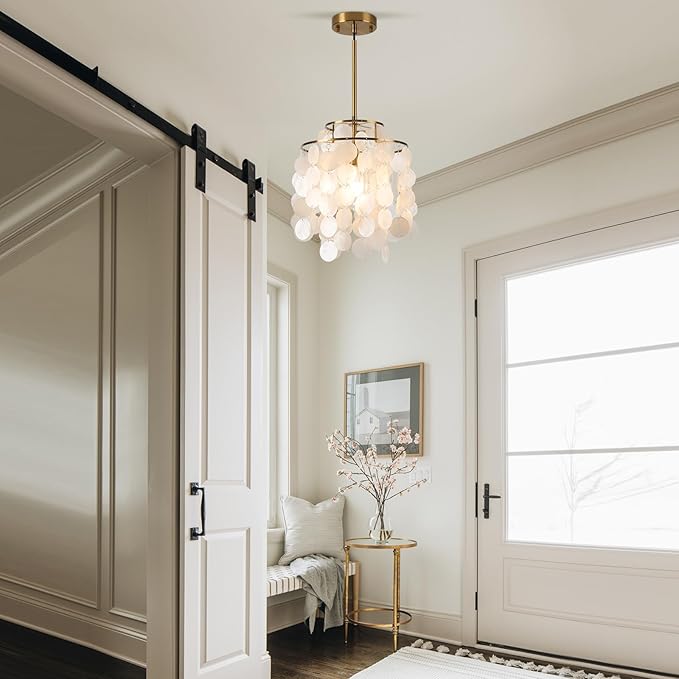 White Shell Pendant Lights, Brushed Brass Coastal Seashell Chandelier Metal 2 Tiers Ceiling Hanging Light Fixture for Kitchen Island Dining Room Entryway Bedroom Foyer, E26 Socket