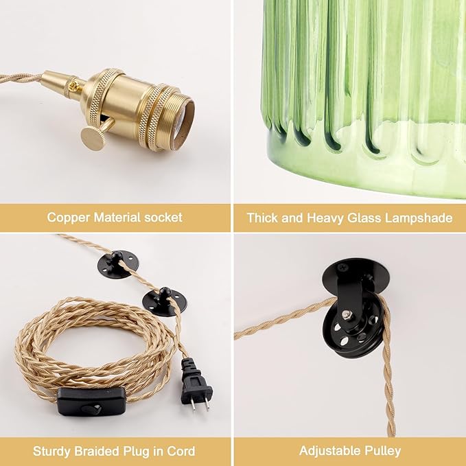 Shenmoyl Plug in Pendant Light Hanging Light Fixture Corded On/Off Switch Brass Pendant Light with Green Striped Glass Lampshade for Bedroom Living Room Kitchen Island