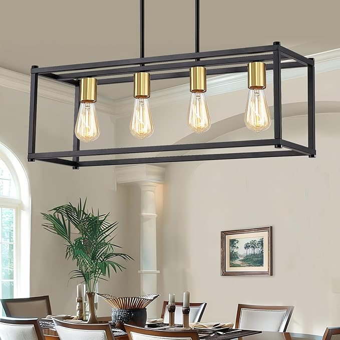 Yusist 4-Light Dining Room Light Fixture,Black Farmhouse Kitchen Island Lighting,Rustic Pendant Light Over Table with Adjustable Rods,Modern Linear Chandeliers for Dining Room Kitchen Island